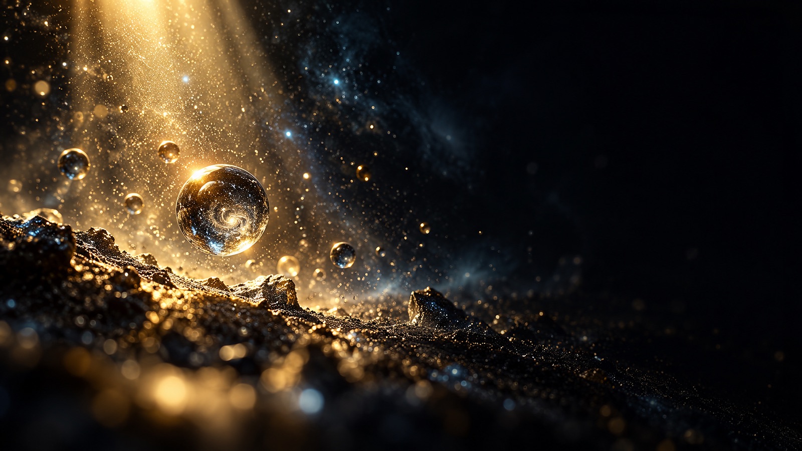 A tiny glass droplet resting above dark sand catches a beam of golden light; inside it, a miniature galaxy