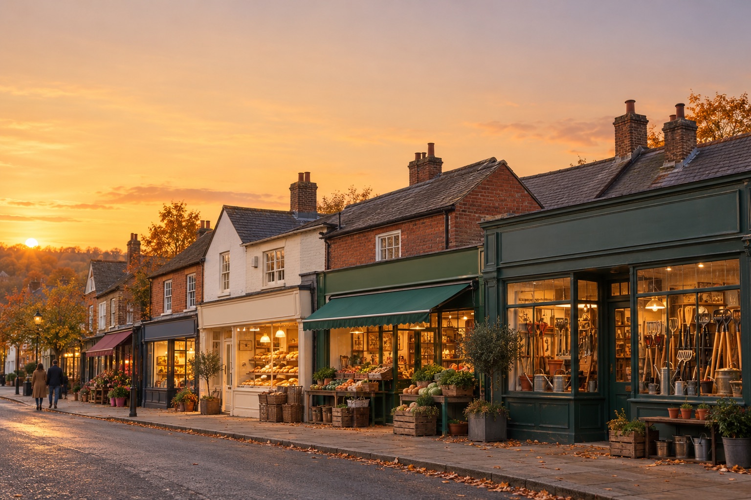 A quiet English high street at golden hour, with a bakery, a greengrocer and a hardware shop